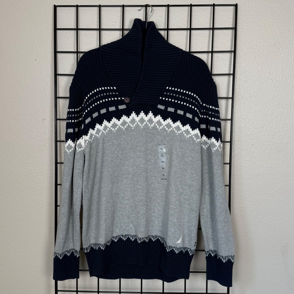Nautica Shawl Collar Sweater Mens XL Grey Navy Fair Isle Cotton Knit NWT Preppy